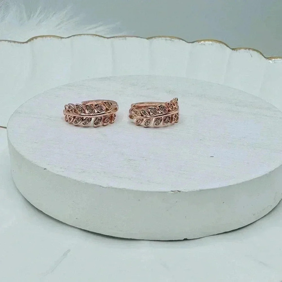 Zircon Olive Branch Leaf Small Hoop Earrings Rose Gold - Picture 2 of 5